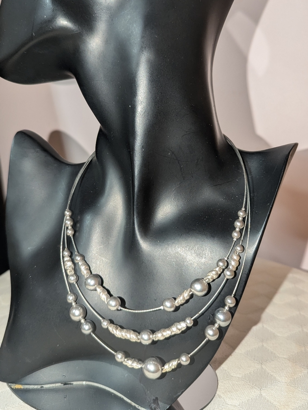 NAPIER VINTAGE Triple Strand Silver Tone Bead Necklace - Tailored Statement Bib